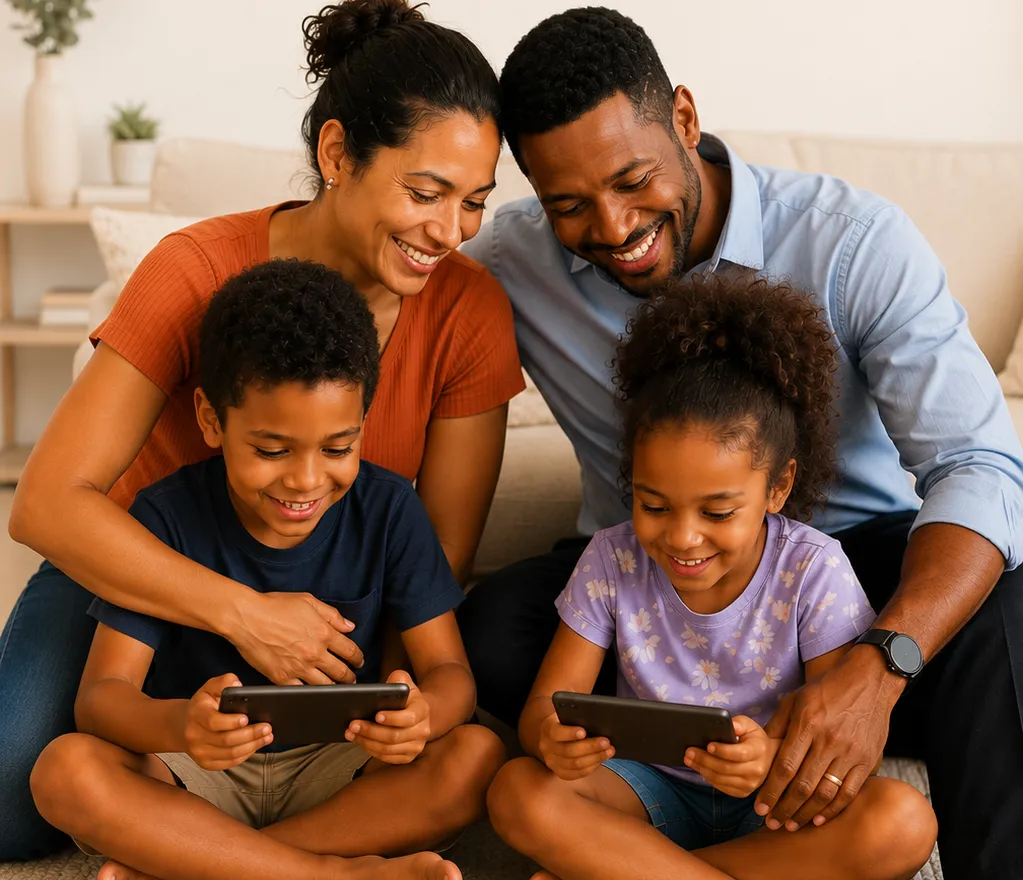 Família usando o Kiddle Pass juntos no sofá