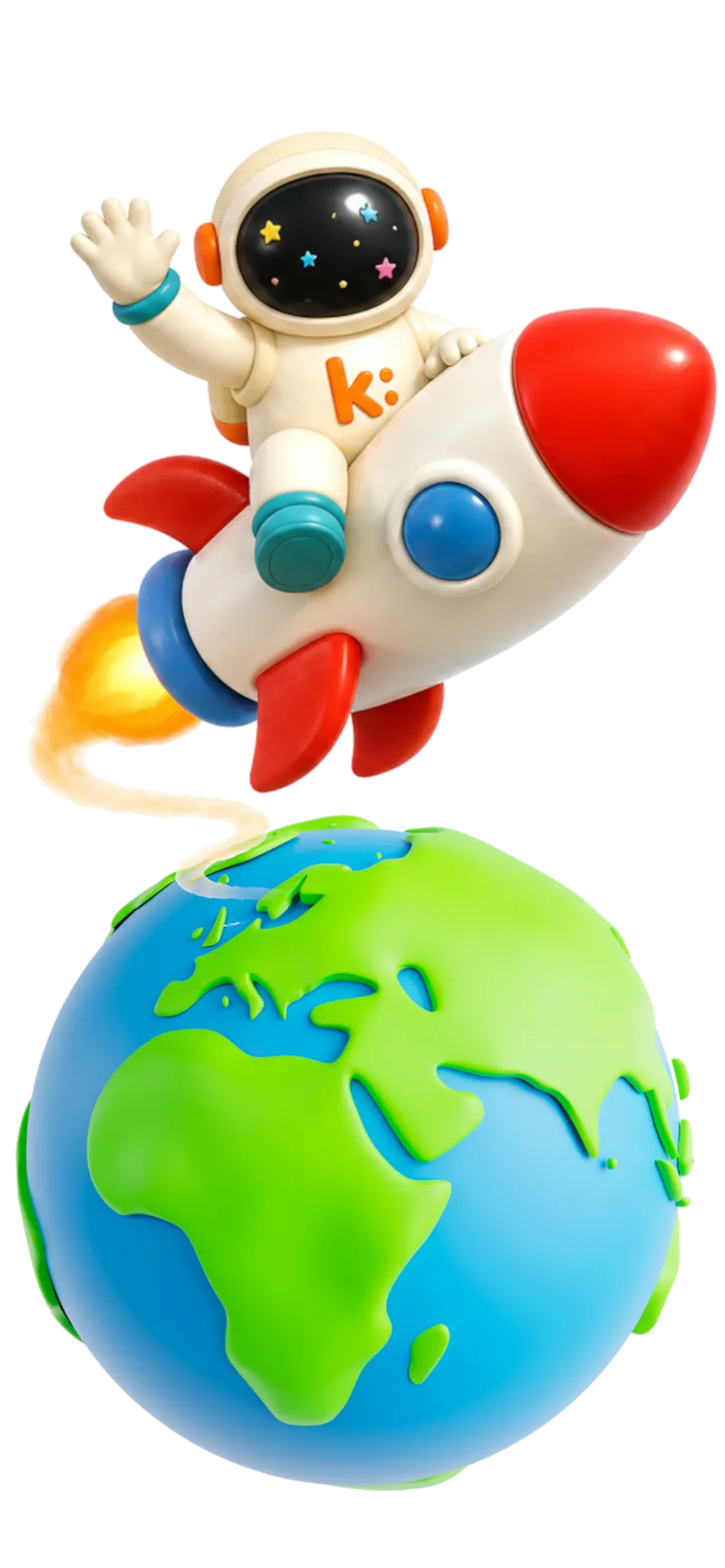 Ilustração de um astronauta da Kiddle Pass decolando da Terra em um foguete