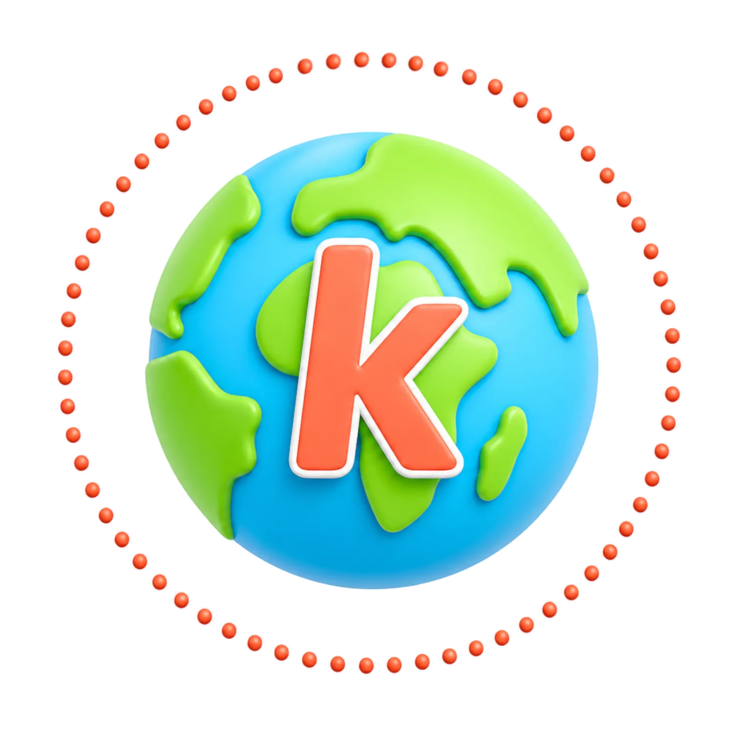 Ilustração 3D do planeta Terra com o logo Kiddle — letra k laranja e foguete em órbita