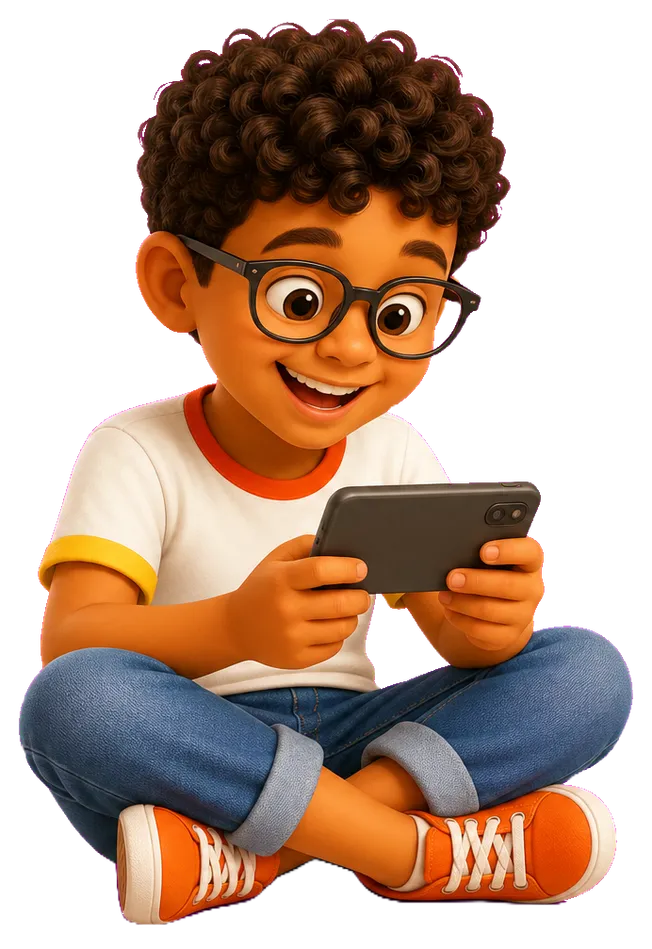 Criança sorrindo enquanto usa um smartphone