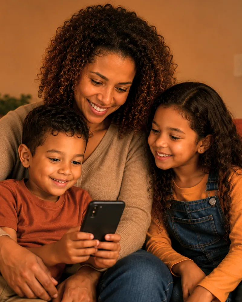 Foto de mãe, filha e filho sorrindo e usando o celular