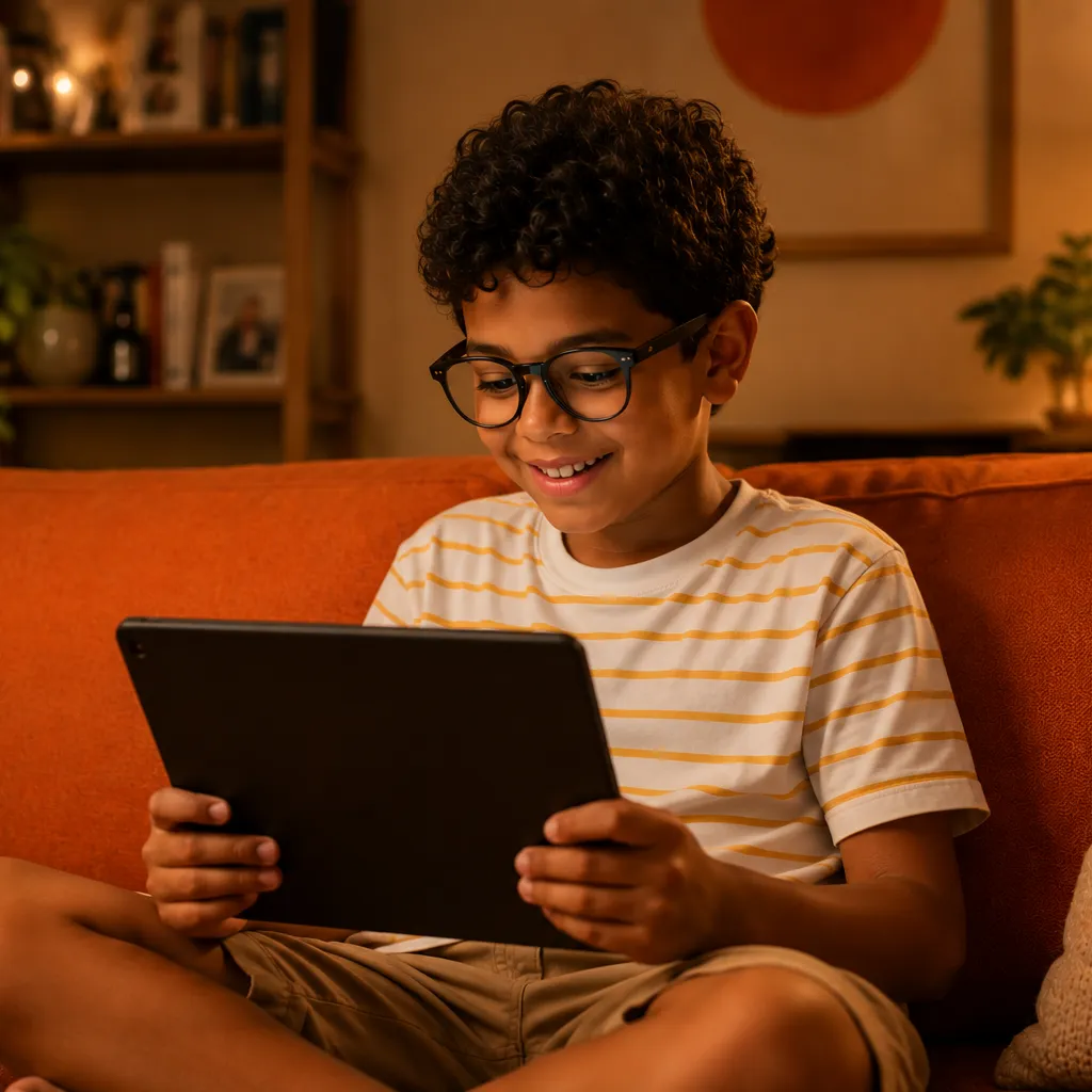 Menino sorrindo enquanto usa um tablet, sentado em um sofá laranja em ambiente acolhedor